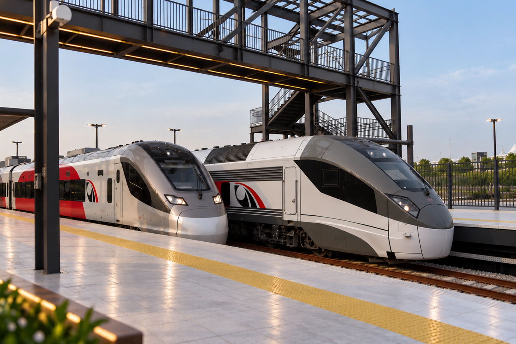 Treinen van de Etihad Rail op treinstation Dubai